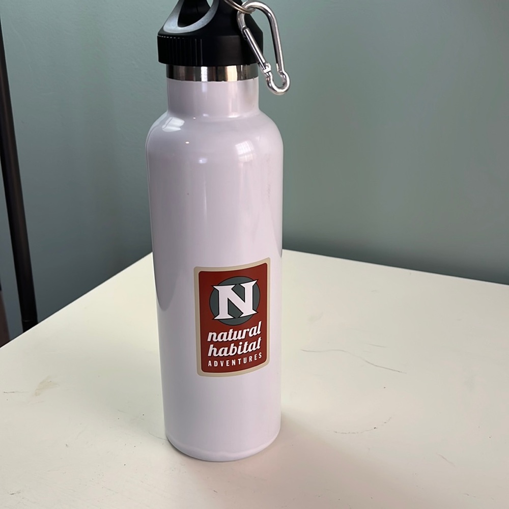 Metal reusable water bottle with screw top and carabiner.